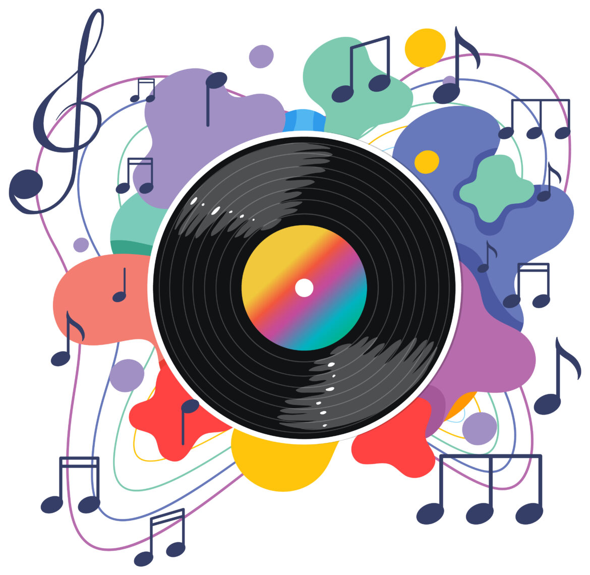 Music notes rainbow colourful with vinyl record on white backgro
